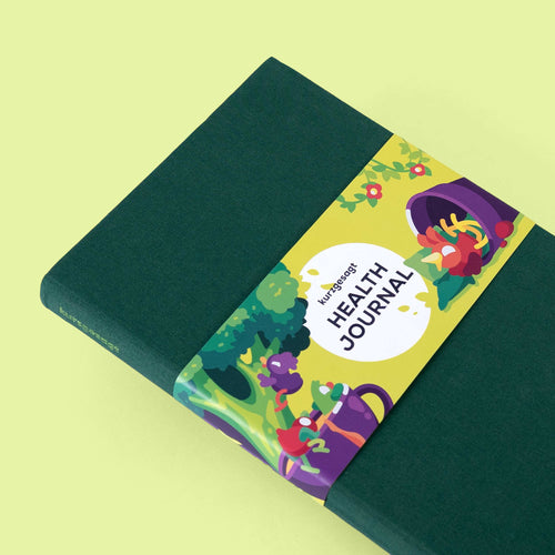 Green health journal with colorful design on a light green background