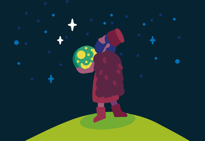 Illustration of a man looking up the stars