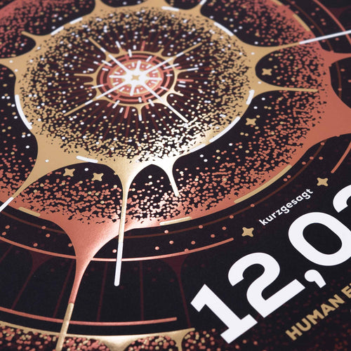 Close up of the shiny foil cover of the 12,026 Human Era Calendar 