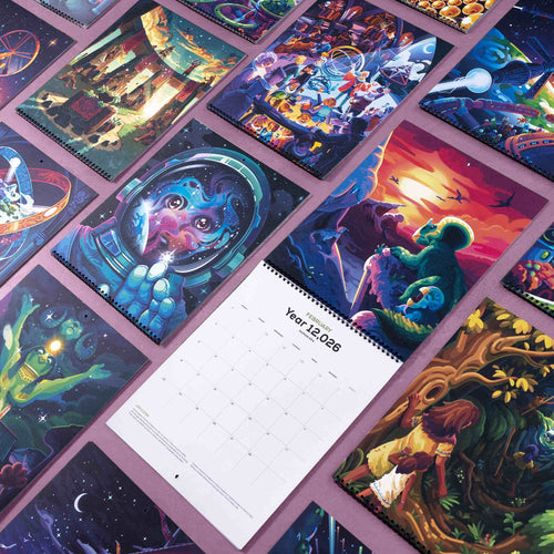 Artwork examples from the 12,026 Human Era Calendar featuring the calendar grid.