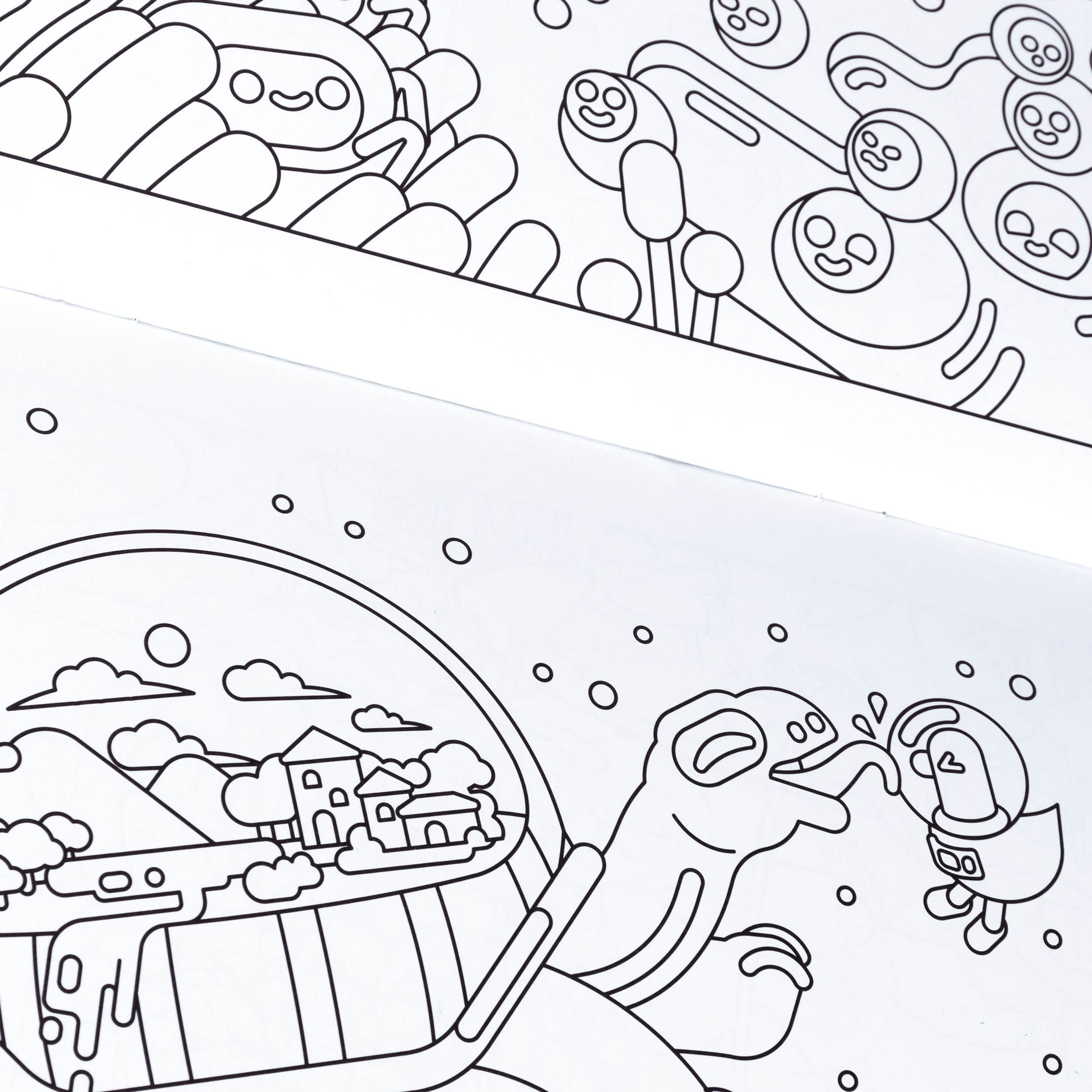 Two pages from a Coloring Book featuring whimsical, cartoon-style space and robot scenes.