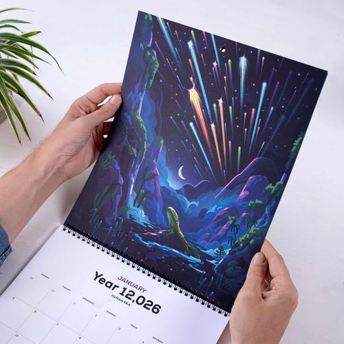12,026 Human Era Calendar with a cosmic landscape design held by hands on a white surface.