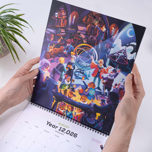 Calendar with a colorful illustration of astronomer characters, for the month of August.